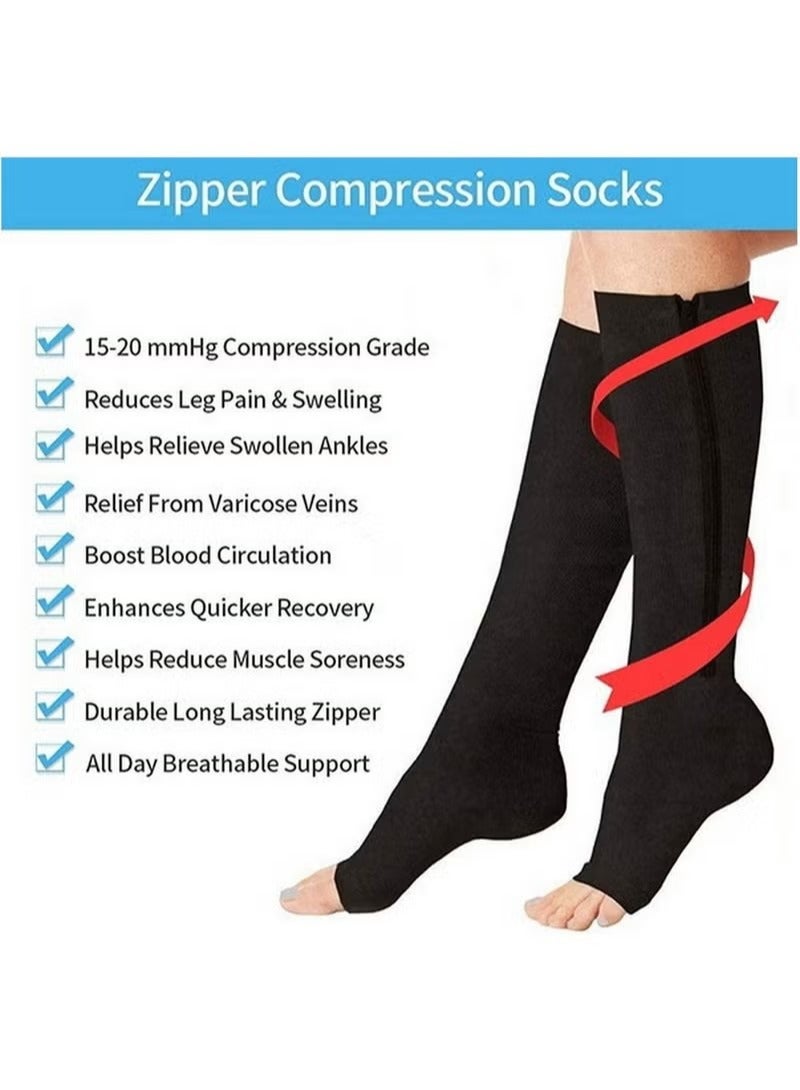 15 to 20mmHg Compression Socks 2 Pairs Toeless with Copper Fiber Open Toe Knee High Support Stockings with Zipper for Men and Women Flesh and Black - Image 2